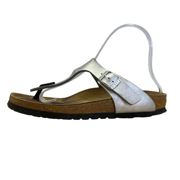 Birkenstock Women’s Metallic Silver Strap & Cork Sole Gizeh Sandals Size US 8 - Picture 3 of 9